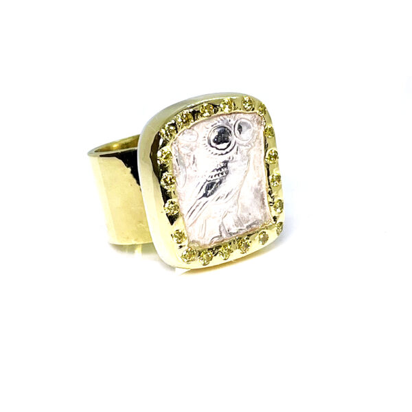 Owl Coin Ring Yellow Diamonds 18kt