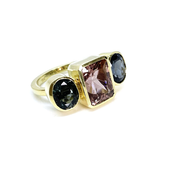 Three Stone Tourmaline Handmade Ring 18kt